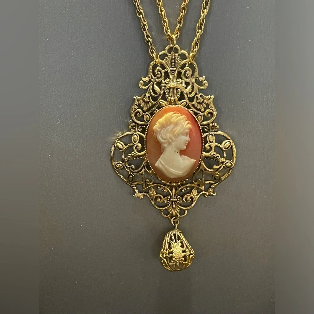 Large Vintage Filigree Cameo Pendant On Double 20” Chains Victorian Revival - Picture 1 of 7